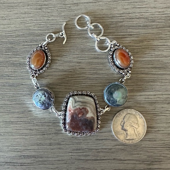 0327 Crazy Lace Agate Biwa Pearl Bracelet Handmade Silver Gemstone Jewelry - Picture 5 of 9